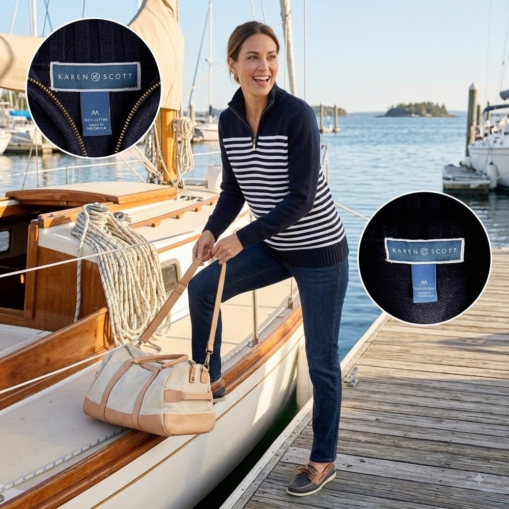 Karen Scott Women M Navy White Stripe Cotton Quarter Zip Sweater Nautical Preppy